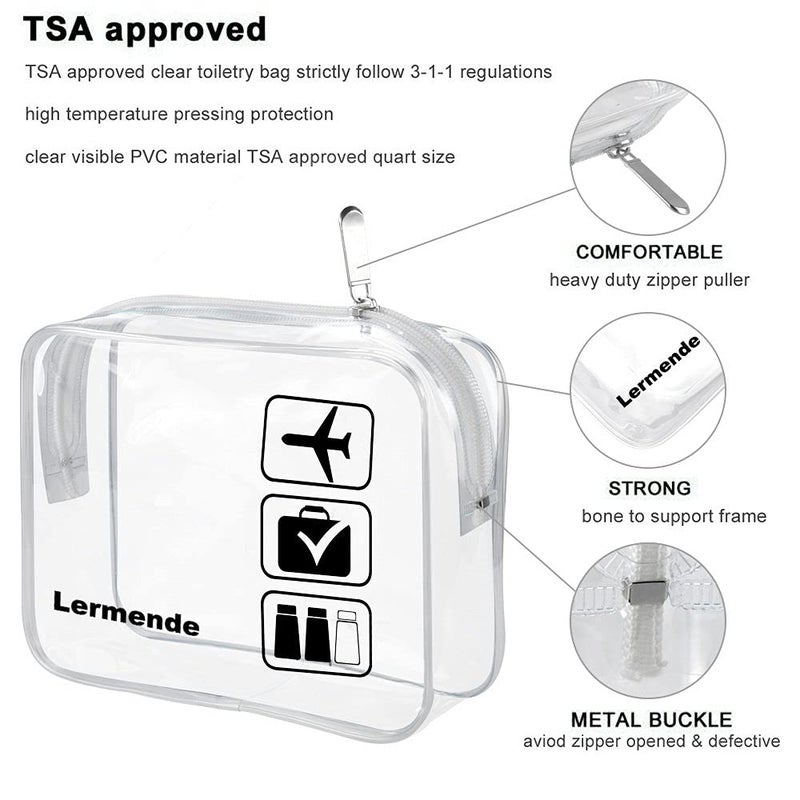 Lermende 2pcs Clear Toiletry Bag TSA Approved Travel Bag,Carry On for Travel,Airport Airline Accessories Compliant Bag,Quart Sized Makeup Cosmetic bag Women Men (Clear, 3 Pack) - Image 3